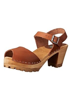 Swedish Leather Wooden Heel Clog Sandals Women’s Size 39